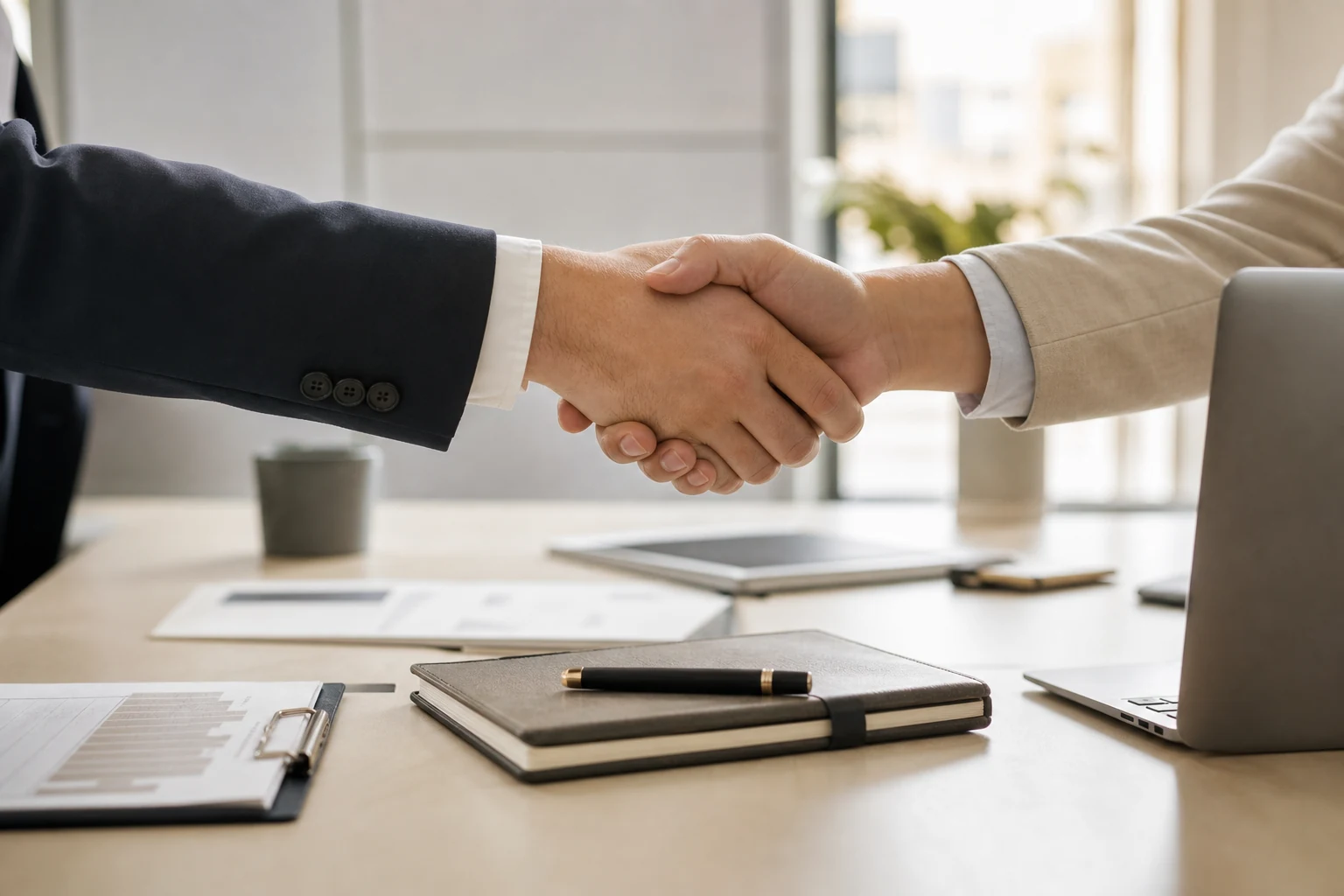 Partners shaking hands across a meeting table