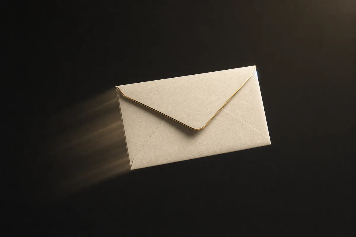 Ivory envelope in motion against a dark background