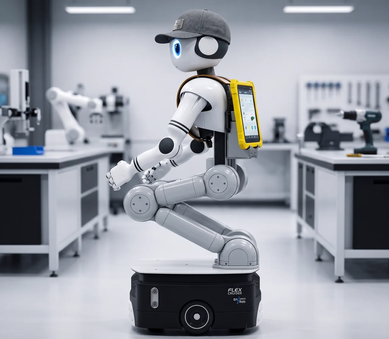 ONYRO industrial humanoid with two arms in a workshop projection